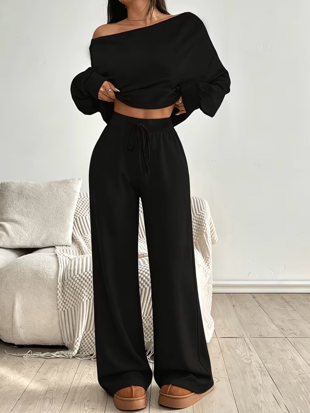 Black Wide-Leg Lounge Pants and top - Unbranded set